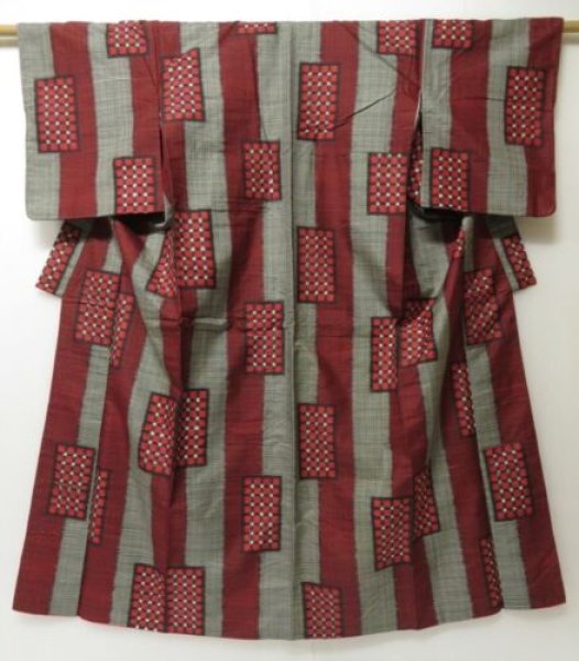 Photo1: 2314T04z750 Vintage Japanese Kimono Silk MEISEN KOMON  Dark red (1)