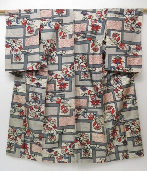 Photo1: 1614T06z530 Vintage Japanese Kimono Silk MEISEN KOMON Light gray Flower (1)