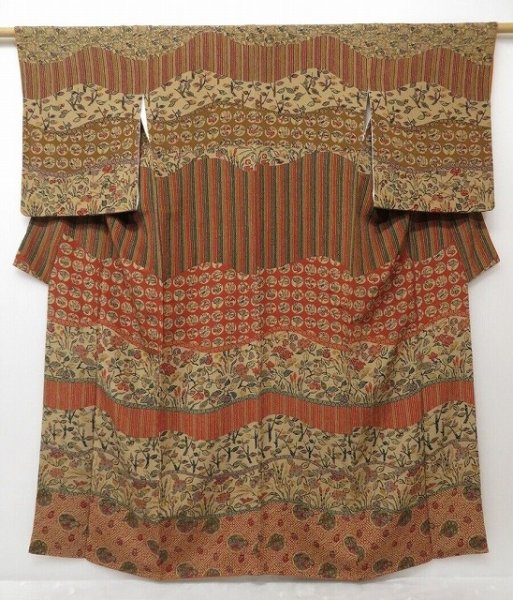 Photo1: 1602T07z1080 Japanese Kimono Crepe Silk BINGATA TSUKESAGE Light brown (1)