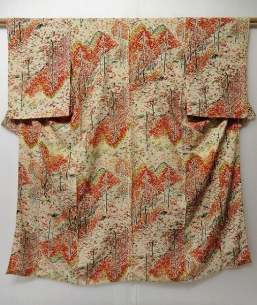 Photo1: 0307H06z680 Vintage Japanese Kimono Silk KOMON Off-white Trees (1)