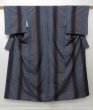 Photo1: 1119T03z860 Japanese Kimono Silk TSUMUGI Navy-Gray Stripe (1)