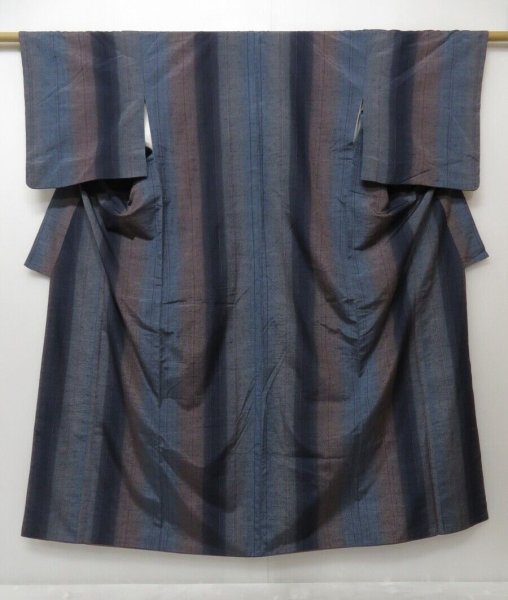 Photo1: 1119T03z860 Japanese Kimono Silk TSUMUGI Navy-Gray Stripe (1)