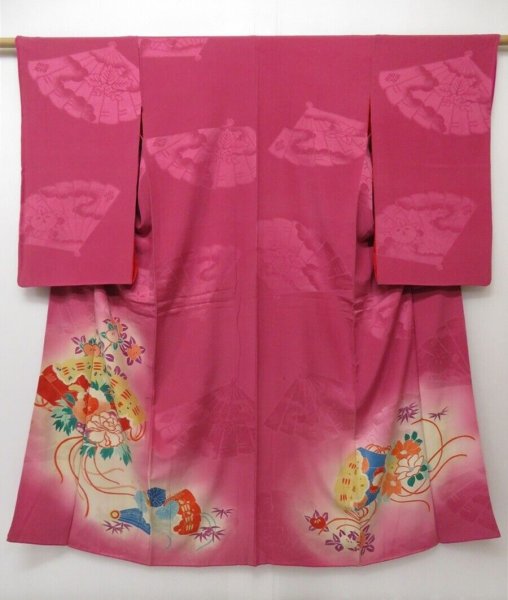 Photo1: 1418T05z570 Antique Japanese Kimono Silk IROTOMESODE Dark pink Folding fan (1)