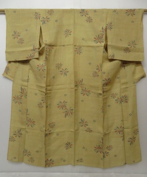 Photo1: 1112T04z510 Vintage Japanese Kimono Linen OJIYA CHIJIMI Light ochre Flower (1)
