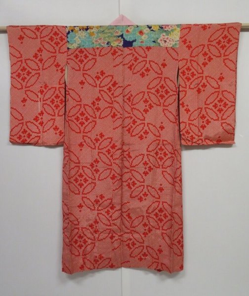 Photo1: 0422N03z640 Antique Japanese Kimono Jinken JUBAN Red Shippo (1)