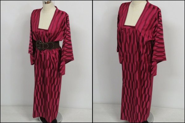 Photo1: 0826i10z450 Vintage Japanese Kimono Silk HAORI COAT One-piece dress Dark pink (1)