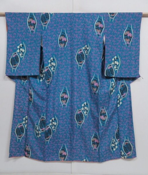 Photo1: 1005i09z690 Antique Japanese Kimono Silk KOMON Light blue Flowers (1)