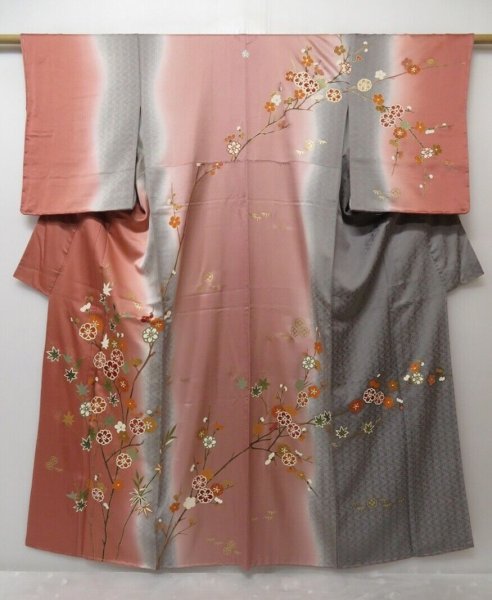 Photo1: 1407T08z1050 Japanese Kimono Silk TSUKESAGE Ash pink Plum branch (1)