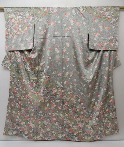 Photo1: 1614T04z1010  Japanese Kimono Silk TSUKESAGE Light gray Plum branch (1)