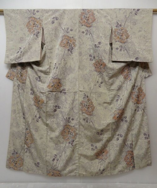 Photo1: 1022T08z940 Vintage Japanese Kimono Silk KOMON Light gray Rose (1)