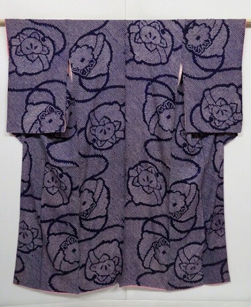 Photo1: 0626i07z600 Vintage Japanese Kimono Silk KOMON Dark purple Bell (1)