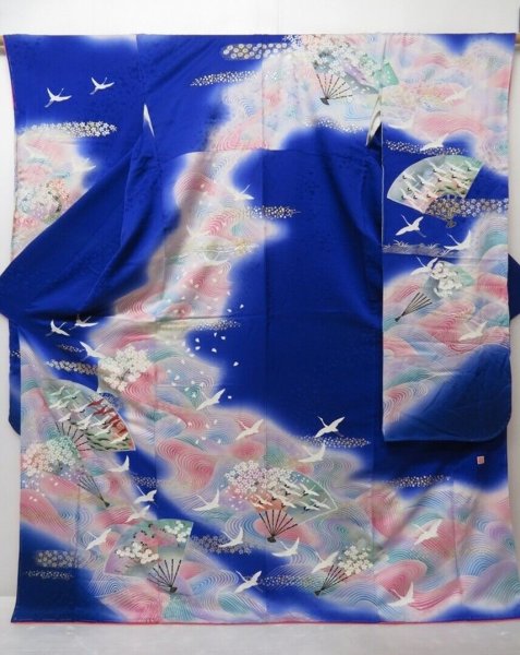 Photo1: 1207T03z1170 Japanese Kimono Silk Artist work FURISODE Blue Folding fan (1)