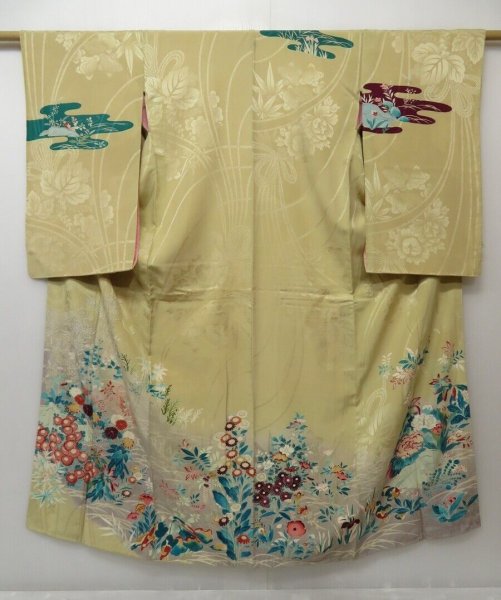 Photo1: 1215T06z760 Antique Japanese Kimono Silk TSUKESAGE Cream-Yellow Flowers (1)