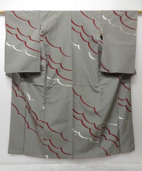 Photo1: 0811T08z1040 Vintage Japanese Kimono Silk OMESHI KOMON Gray Cloud (1)