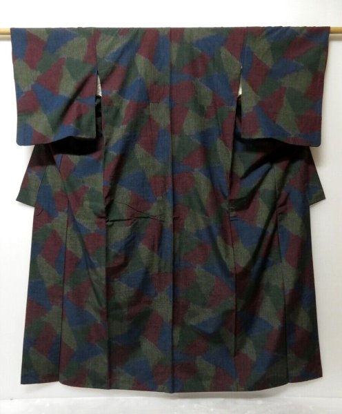 Photo1: 0528T05z840 Vintage Japanese Kimono Silk TSUMUGI Dark red Navy (1)