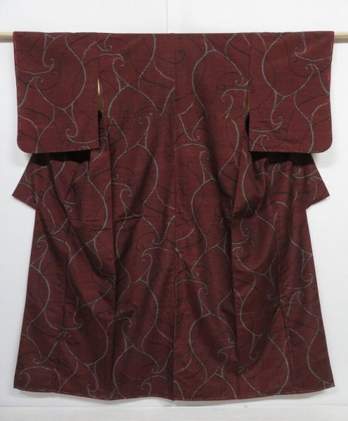 Photo1: 0126N02z840 Vintage Japanese Kimono Silk TSUMUGI Dark red Karakusa (1)