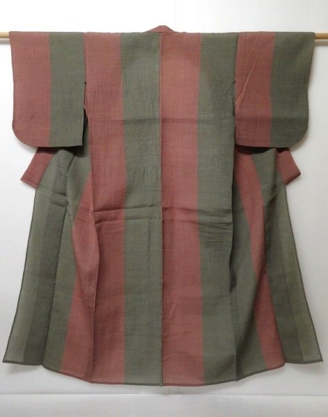 Photo1: 1028N10z490 Vintage Japanese Kimono Linen OJIYA CHIJIMI Red-Brown (1)