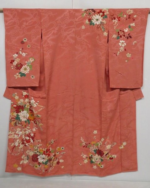 Photo1: 0608N03z570 Vintage Japanese Kimono Silk TSUKESAGE Coral pink Chrysanthemum (1)