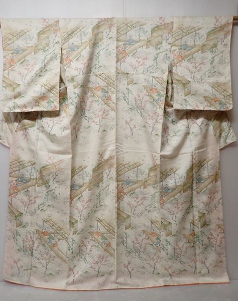 Photo1: 0621N02z940 Vintage Japanese Kimono Silk KOMON Off-white Heian era (1)