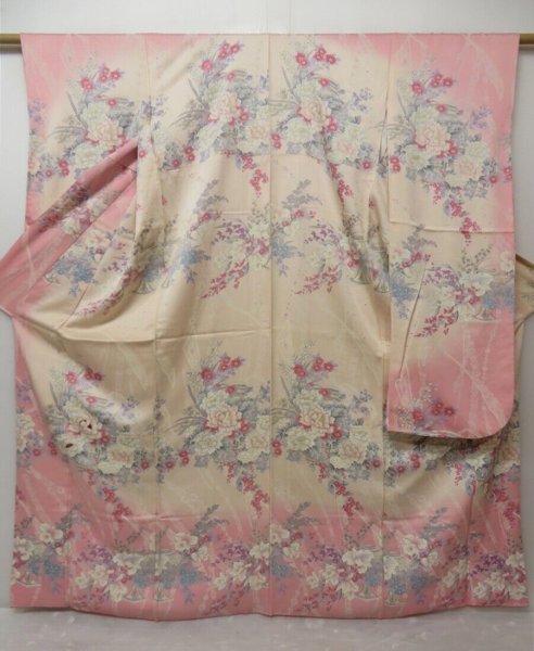 Photo1: 1327T05z1080 Japanese Kimono Silk FURISODE Pink Peony (1)