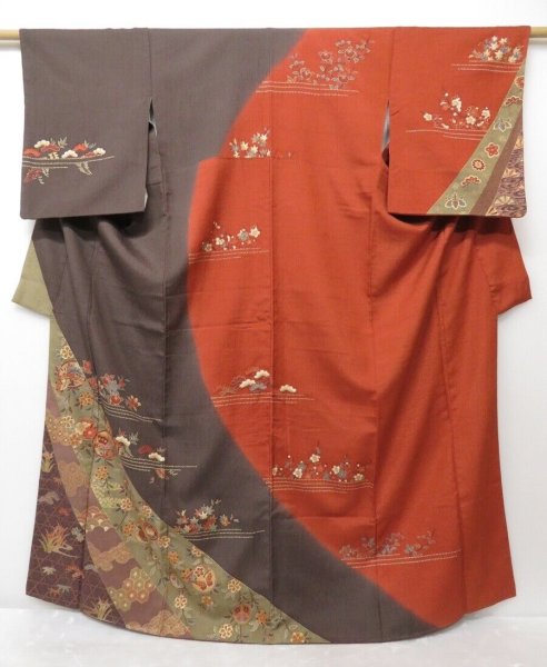 Photo1: 1529T07z930 Japanese Kimono Silk TSUKESAGE Red-Brown Plum blossom (1)