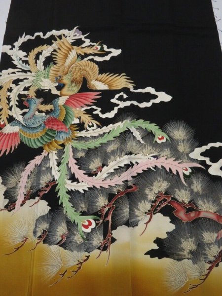 Photo1: 2F01z170 Vintage Japanese Kimono Silk  FABRIC Phoenix Black 49.6" (1)