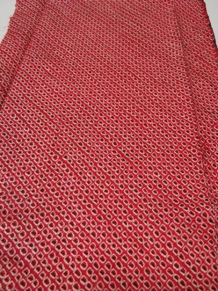 Photo1: 4K05z40  Japanese Kimono Silk  FABRIC Shibori dyeing Red 46.5x10.2 (1)