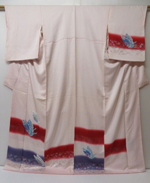 Photo1: 2005T01z920  Japanese Kimono Silk TSUKESAGE Butterfly Light pink (1)