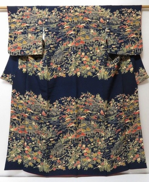 Photo1: 2109T03z940 Vintage Japanese Kimono Crepe Silk TSUKESAGE Flowers Dark navy (1)