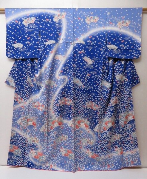 Photo1: 2029T04z910  Japanese Kimono Silk TSUKESAGE Flowers Oriental blue (1)