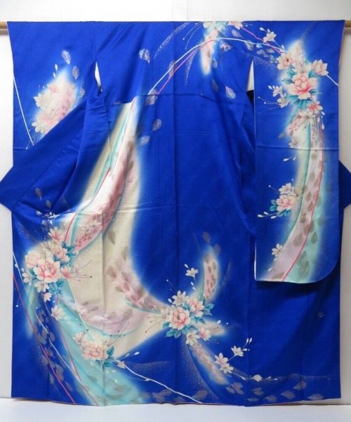 Photo1: 2008T03z1100  Japanese Kimono Silk FURISODE Flower Oriental blue (1)