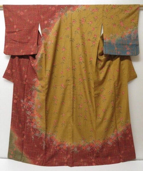 Photo1: 2128T09z1080  Japanese Kimono Silk TSUKESAGE Flowers Yellow ochre (1)