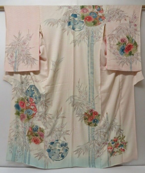 Photo1: 2108T02z890 Vintage Japanese Kimono Silk TSUKESAGE Chrysanthemum Off-white (1)