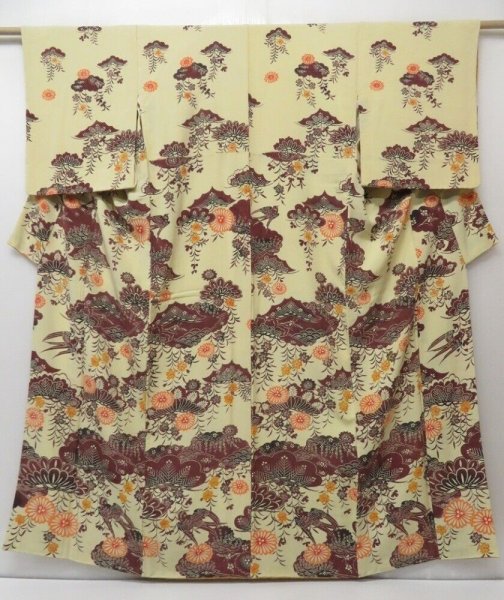 Photo1: 1628T01z1020  Japanese Kimono Crepe Silk TSUKESAGE Pine Straw yellow (1)