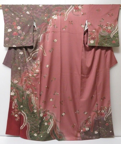 Photo1: 2206T10z1020  Japanese Kimono Silk TSUKESAGE Flowers Dark pink (1)