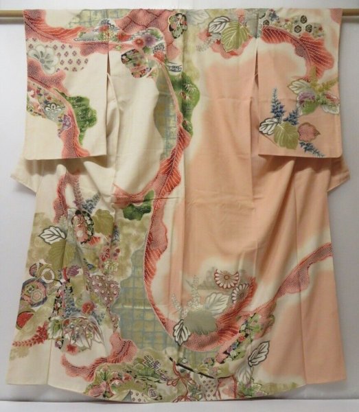 Photo1: 2212T03z880 Vintage Japanese Kimono Silk HOUMONGI Paulownia Off-white (1)