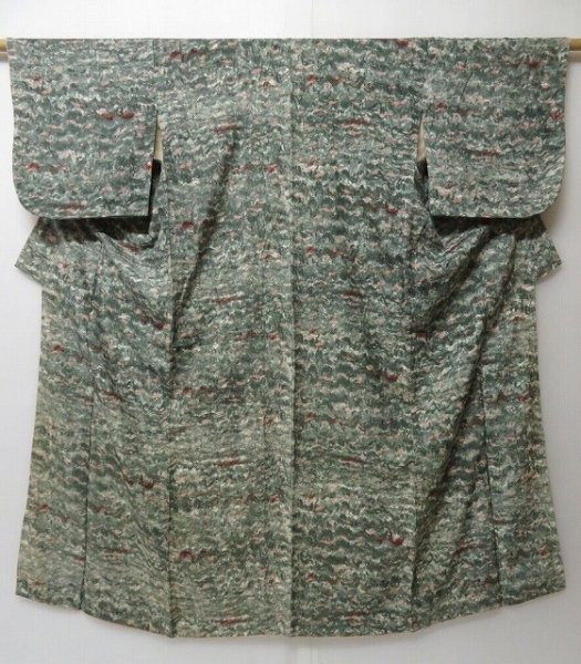 Photo1: 0609T02z790 Vintage Japanese Kimono Silk KOMON Green-Gray (1)