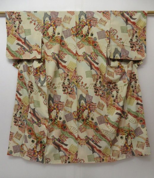 Photo1: 1331T10z680 Vintage Japanese Kimono Silk KOMON Off-white Water wheel (1)