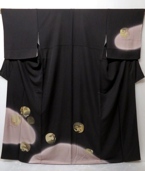 Photo1: 0520N09z1040 Japanese Kimono Silk TSUKESAGE Dark brown-black Flower (1)