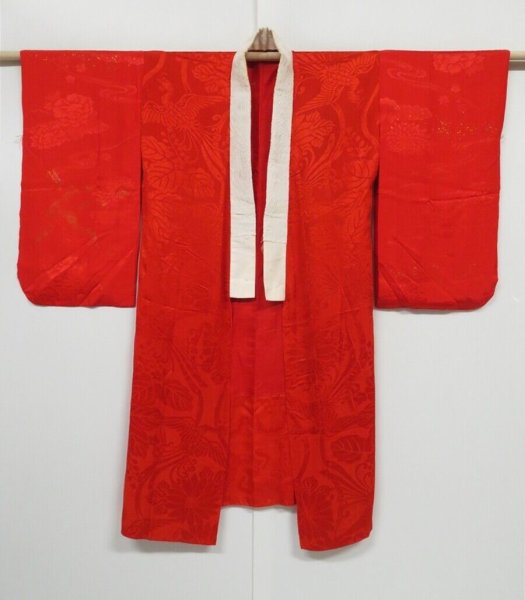 Photo1: 0606N07z530 Antique Japanese Kimono Silk Synthetic JUBAN Red Phoenix (1)