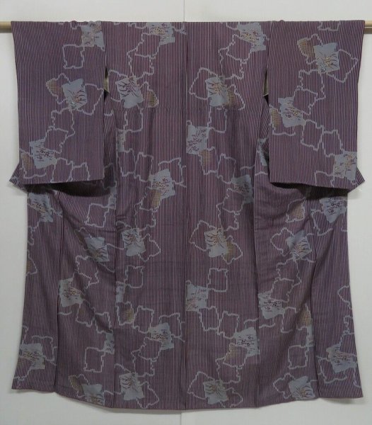 Photo1: 0812i09z760 Vintage Japanese Kimono Silk KOMON Dark grape, Gray (1)