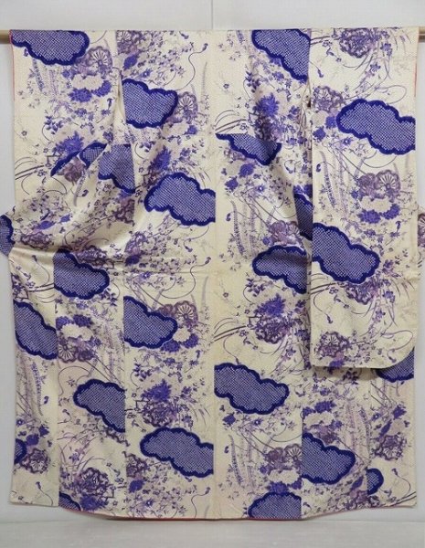 Photo1: 1030i07z1240 Vintage Japanese Kimono Silk FURISODE Off-white Flower cart (1)