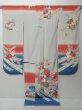 Photo7: 1219H09z1150 Japanese Kimono Silk FURISODE Light gray Flower cart (7)