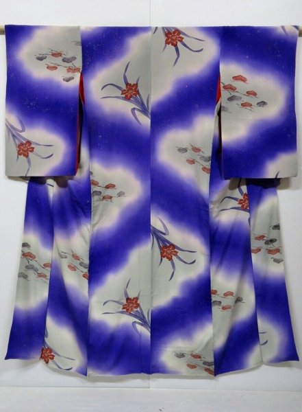 Photo1: 1020H03z610 Antique Japanese Kimono Silk KOMON Blue-Purple Pine (1)