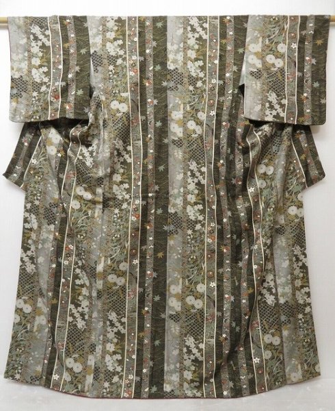 Photo1: 1529T03z940 Japanese Kimono Silk KOMON Black Gray Flowers (1)