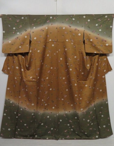 Photo1: 0422N01z990 Japanese Kimono Silk HOUMONGI Dark olive Sakura (1)