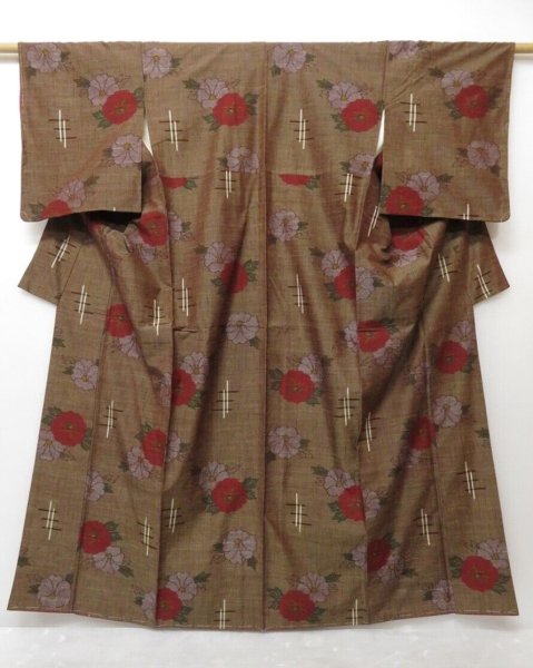 Photo1: 1328T10z860 Unused Japanese Kimono Silk TSUMUGI Light brown Camellia (1)