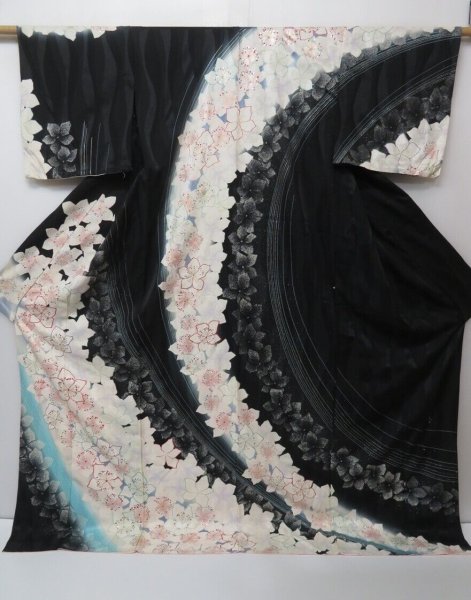 Photo1: 1613i02z890 Japanese Kimono Silk HITOE HOUMONGI Black Flower (1)