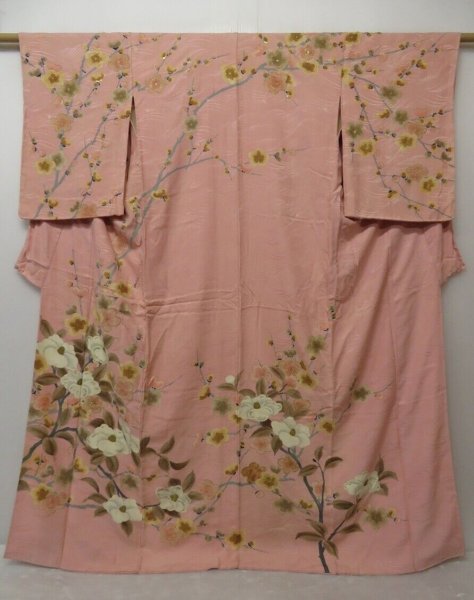 Photo1: 1327T01z970 Vintage Japanese Kimono Silk TSUKESAGE Pink Plum tree (1)