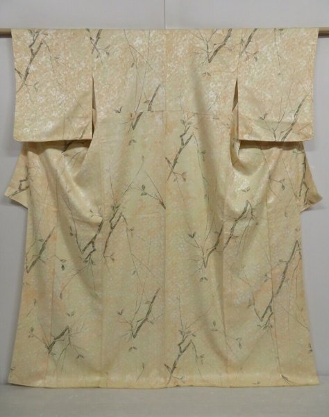 Photo1: 0921i01z890 Vintage Japanese Kimono Silk Suminagashi KOMON Cream-Yellow Branch (1)